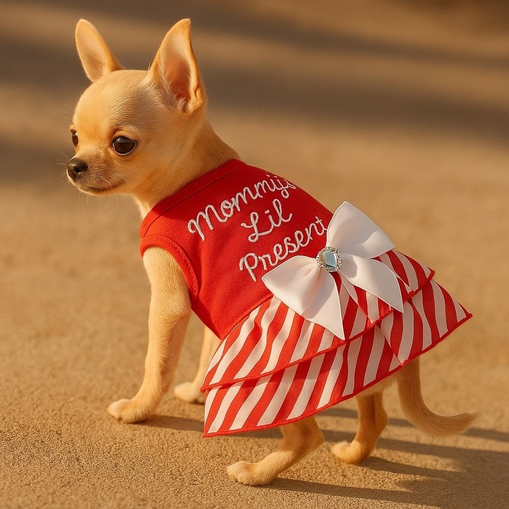 Red Mommy Lil Present Dog Dress Puppy Pet Clothes Sparkly Bow Holiday‎